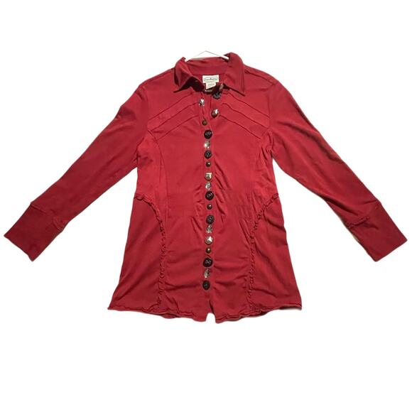 Patchington Women S Blouse Jacket Red Cotton Stretch Intricate Arsty Button EUC - Picture 2 of 7